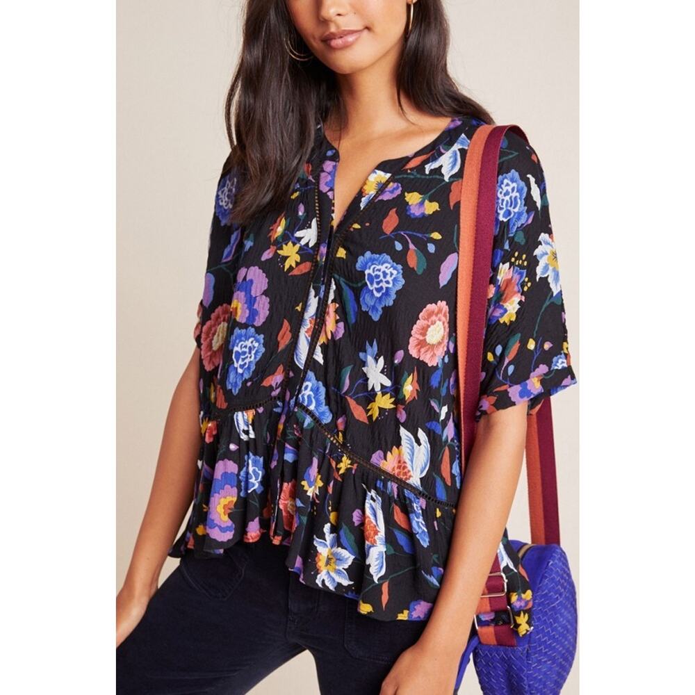 Anthropologie Flowy Black Multicolor Josie Dolman Vibrant Blouse Top XS